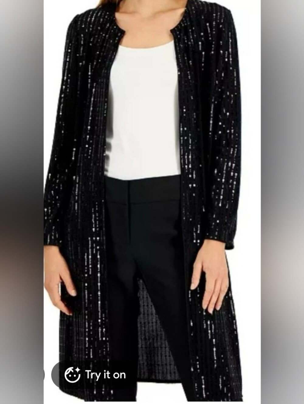 Anne Klein Black Sequin Long Open-Front Cardigan